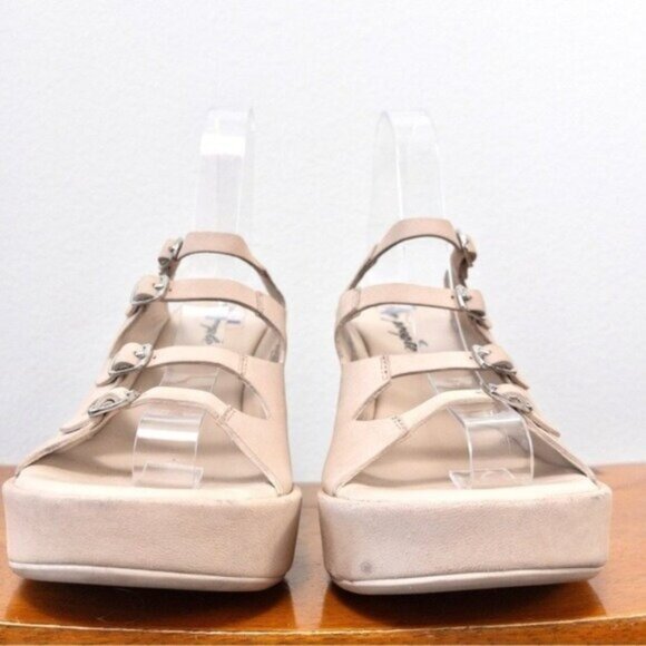 NEW Free People Huffman Buckle Wedge Sandal 39 Pearl Sand Heels Platform Leather - Picture 10 of 11